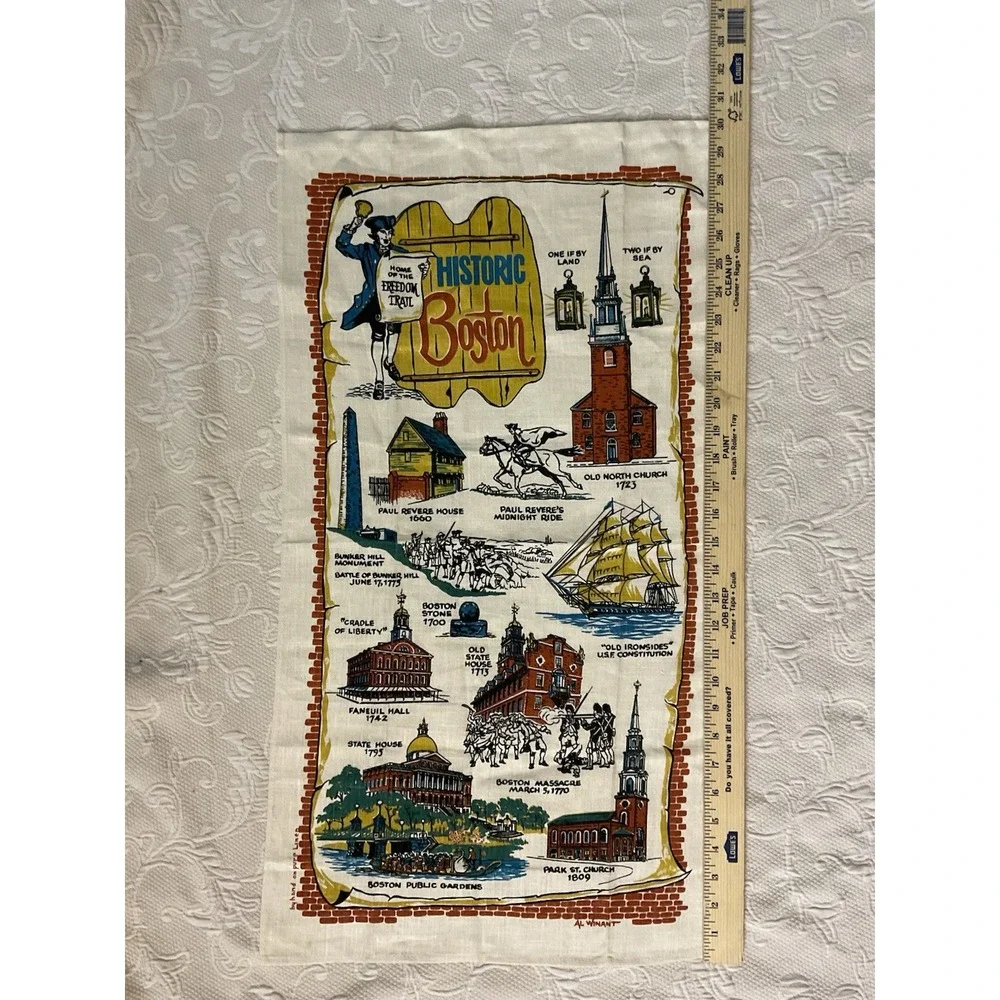 NEW Vintage 1970's Linen Historic Boston Souvenier Tea Towel 16